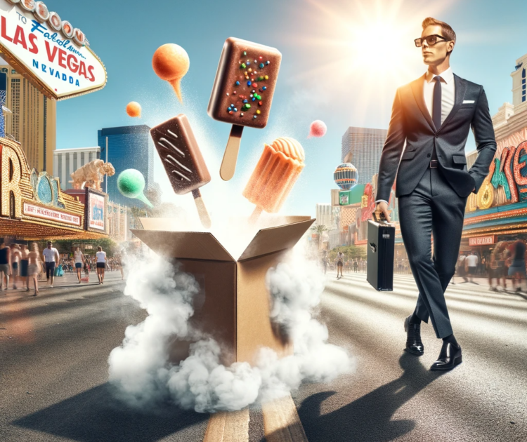 usiness person in Las Vegas carrying a box of ice cream bars with dry ice smoke, representing unique sales strategy